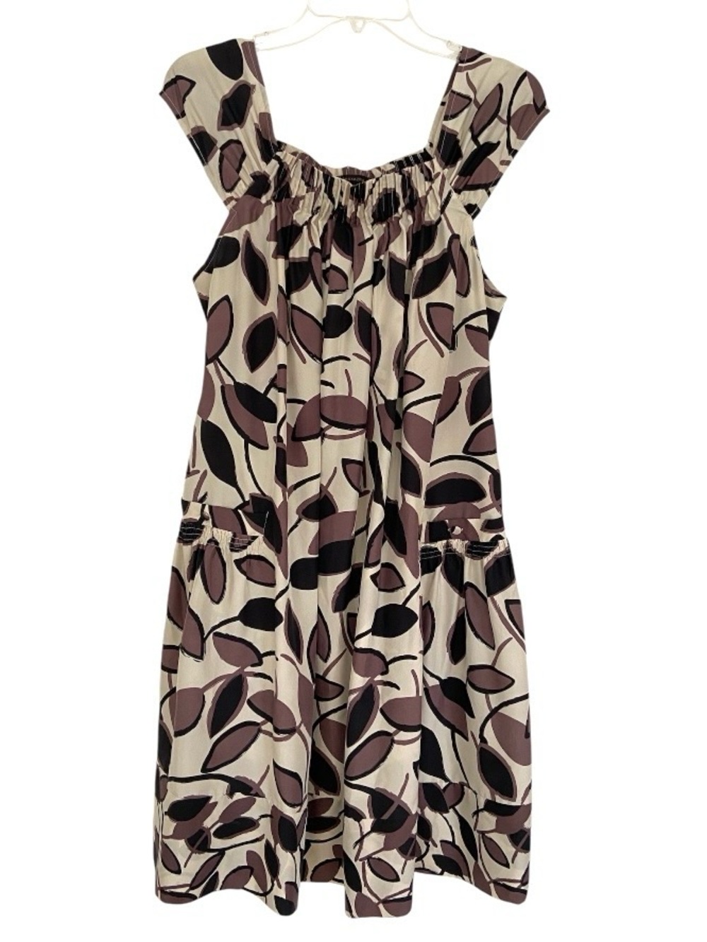 BCBGMaxAzria Leaf Print Earthy Square Neck Smocked Pocket Dress Small